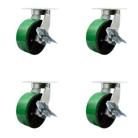 Service Caster 8'' Heavy Duty Green Poly on Cast Iron Swivel Caster Set with Brakes, 4PK CRAN-SCC-KP92S830-PUR-GB-SLB-4